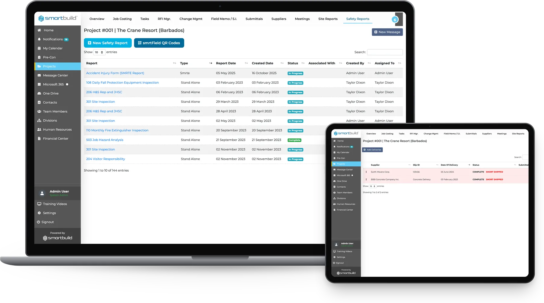 SMARTBUILD on a laptop and a tablet: the project's inspection register listing equipment and site inspections with type, report date, status and assignee, and the deliveries register with its issue flags beside it.