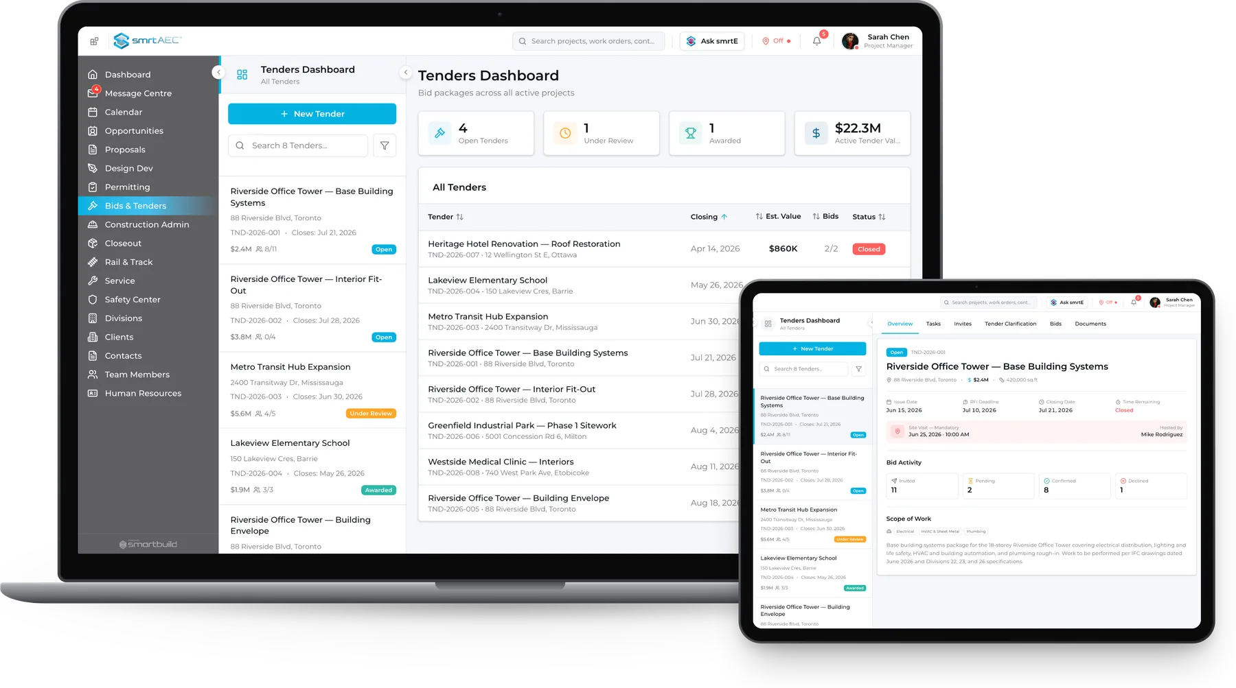 smrtBids on a laptop and a tablet: the tenders dashboard and a tender's detail with its documents and activity history.