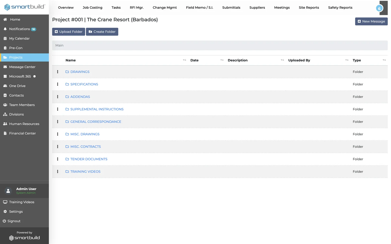 The Project Documents screen in SMARTBUILD, with drawings, specifications, addenda, supplemental instructions and contract documents each in their own separated folder.