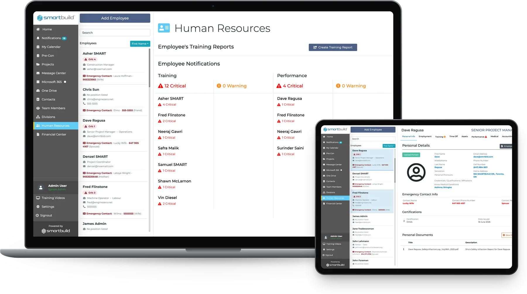 smrtTeam on a laptop and a tablet: the Human Resources screen with per-worker certification alerts and the Training and Performance notification counts, and an employee profile with its certifications and training record beside it.