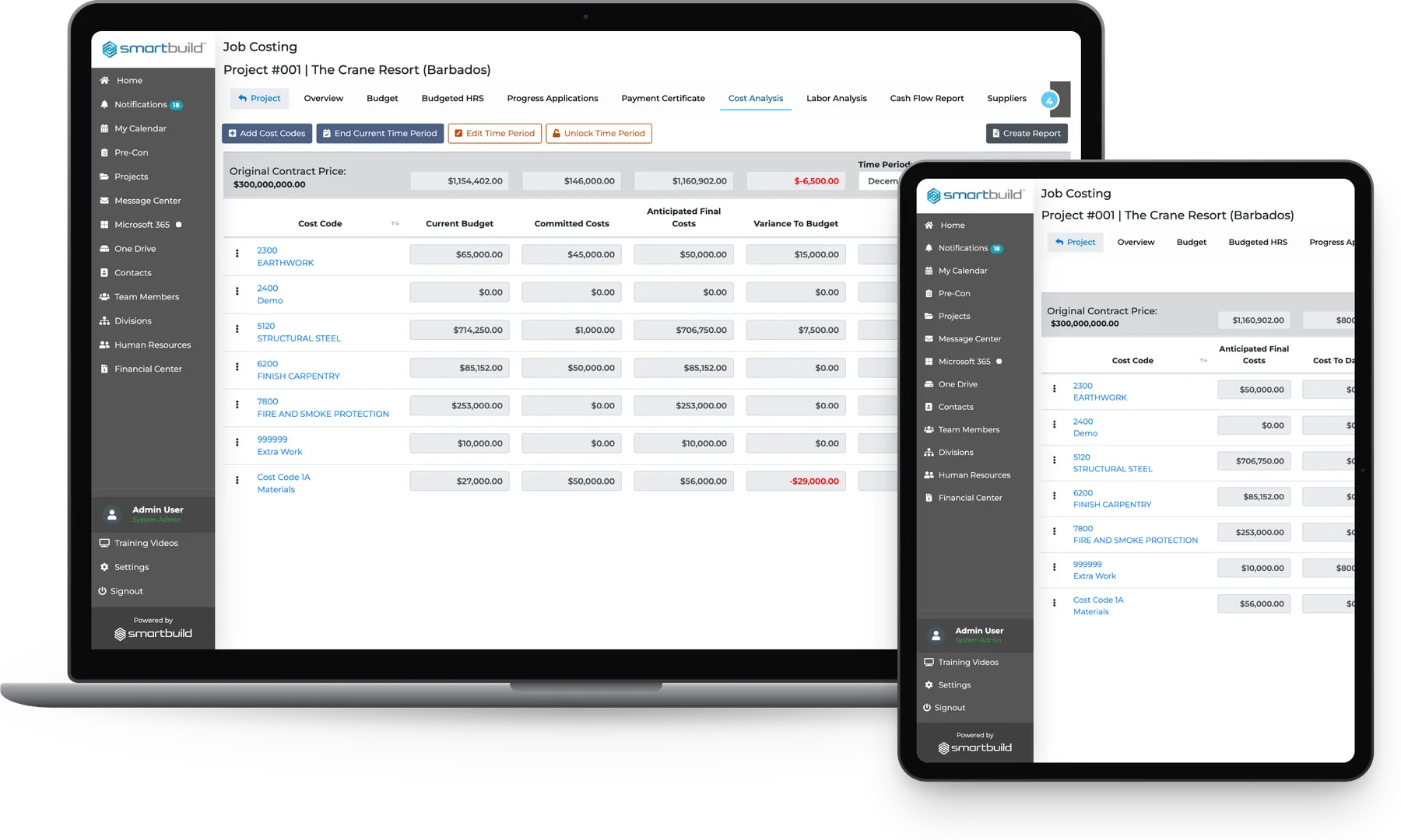 Job Costing on a laptop and a portrait tablet: the Cost Analysis screen with current budget, committed costs, anticipated final costs and variance per cost code, two codes flagged red, and the Cash Flow Report beside it.