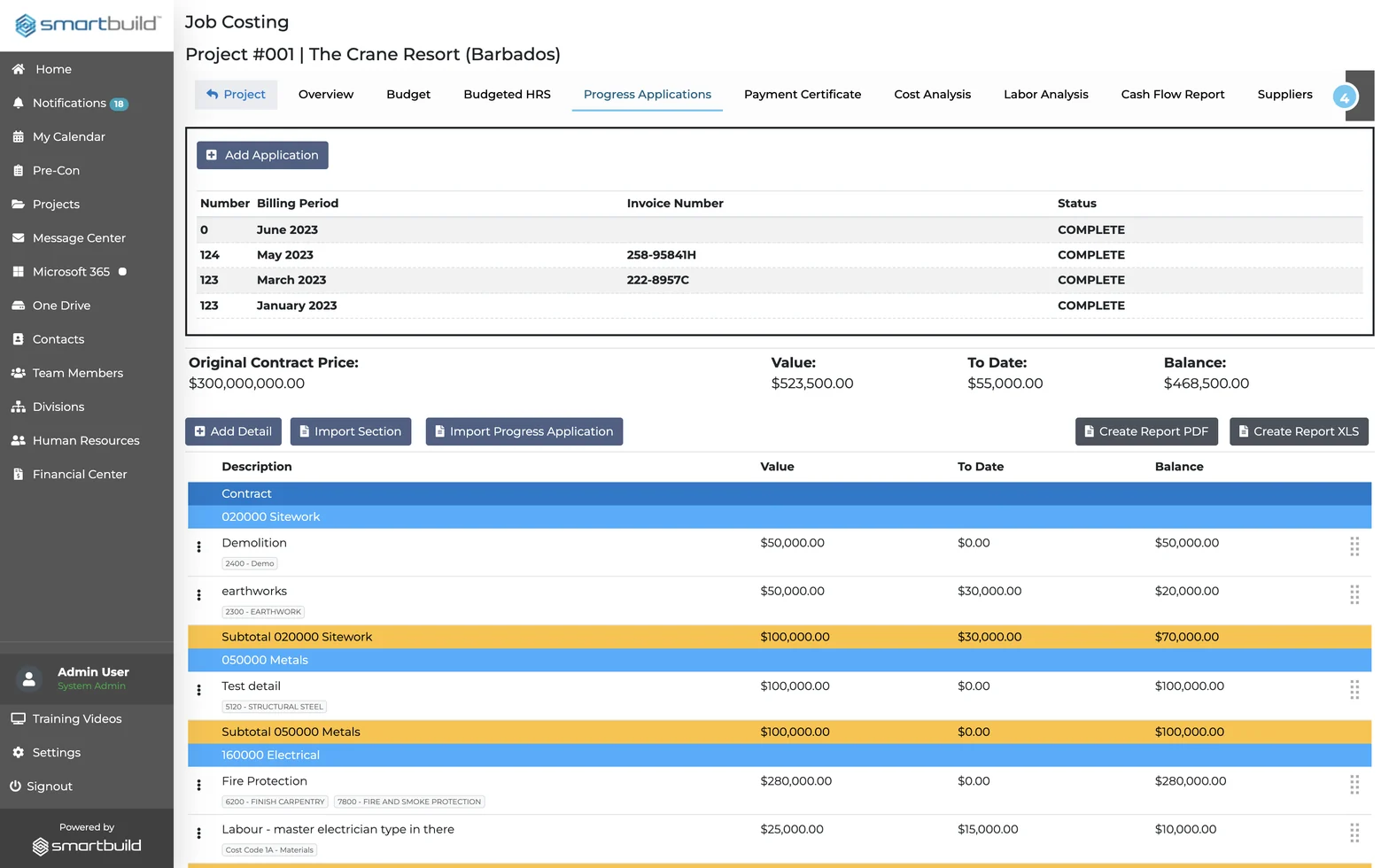 The Progress Applications screen in SMARTBUILD Job Costing, listing monthly billing periods with their status and an AIA-style contract breakdown by division and section with value, to-date and balance columns.