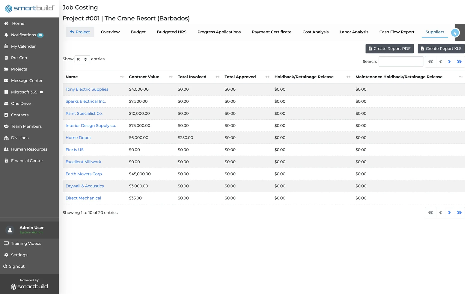 The Suppliers screen in SMARTBUILD Job Costing, listing each supplier with contract value, total invoiced, total approved and holdback / retainage release columns.