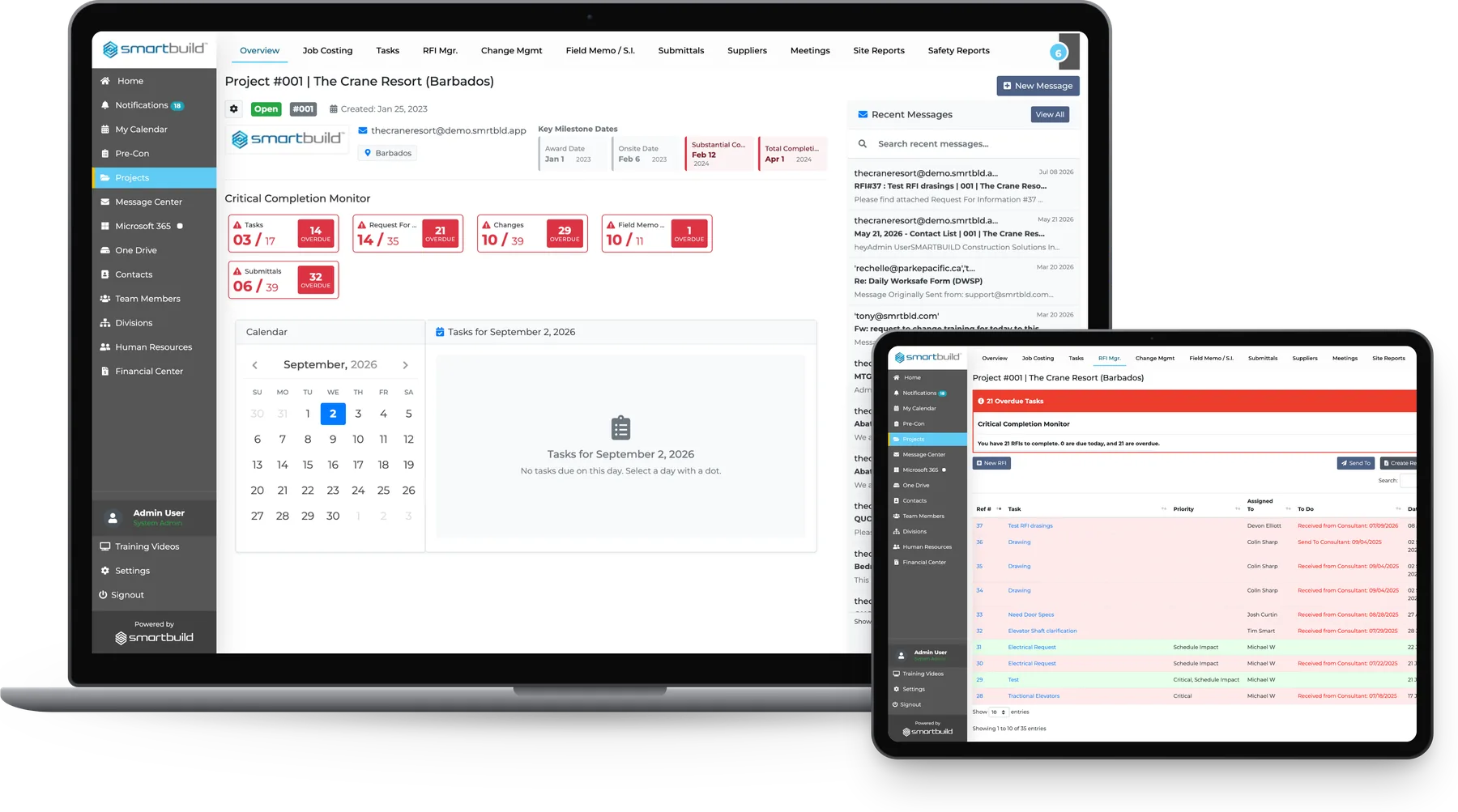 smrtGC on a laptop and a tablet: the project overview for The Crane Resort with the Critical Completion Monitor, milestone dates and recent messages, and the RFI Manager register beside it
