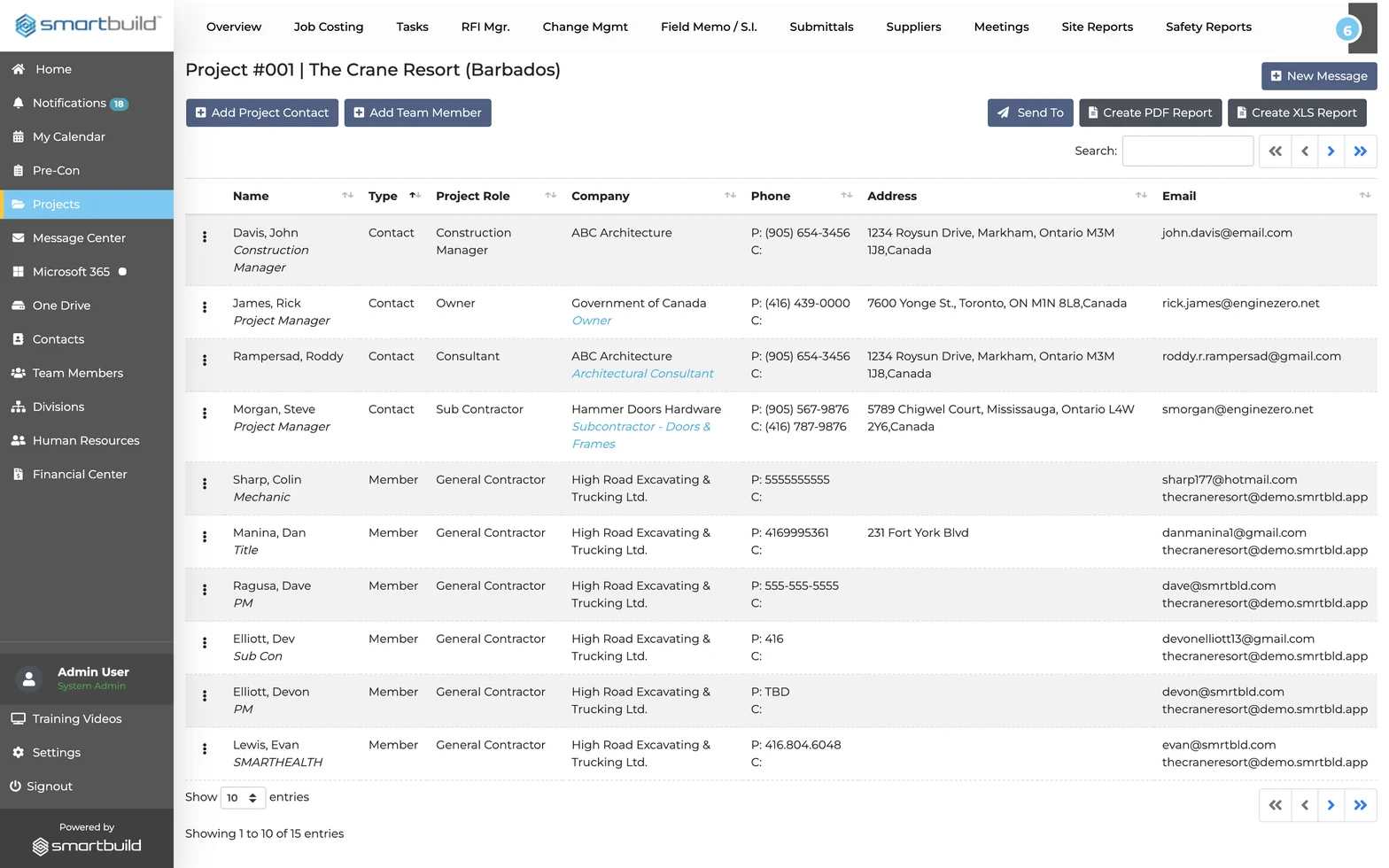 The Project Team roster in smrtGC, listing every contact and member on the job with their type, project role, company and contact details