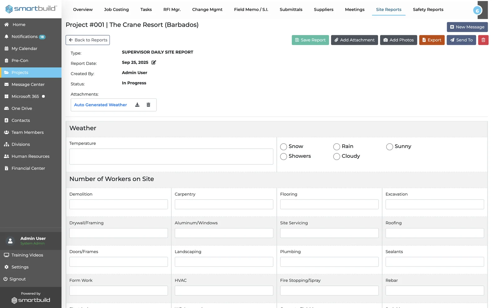 A supervisor daily site report in smrtGC — the weather panel and the number-of-workers-on-site counts broken out by trade