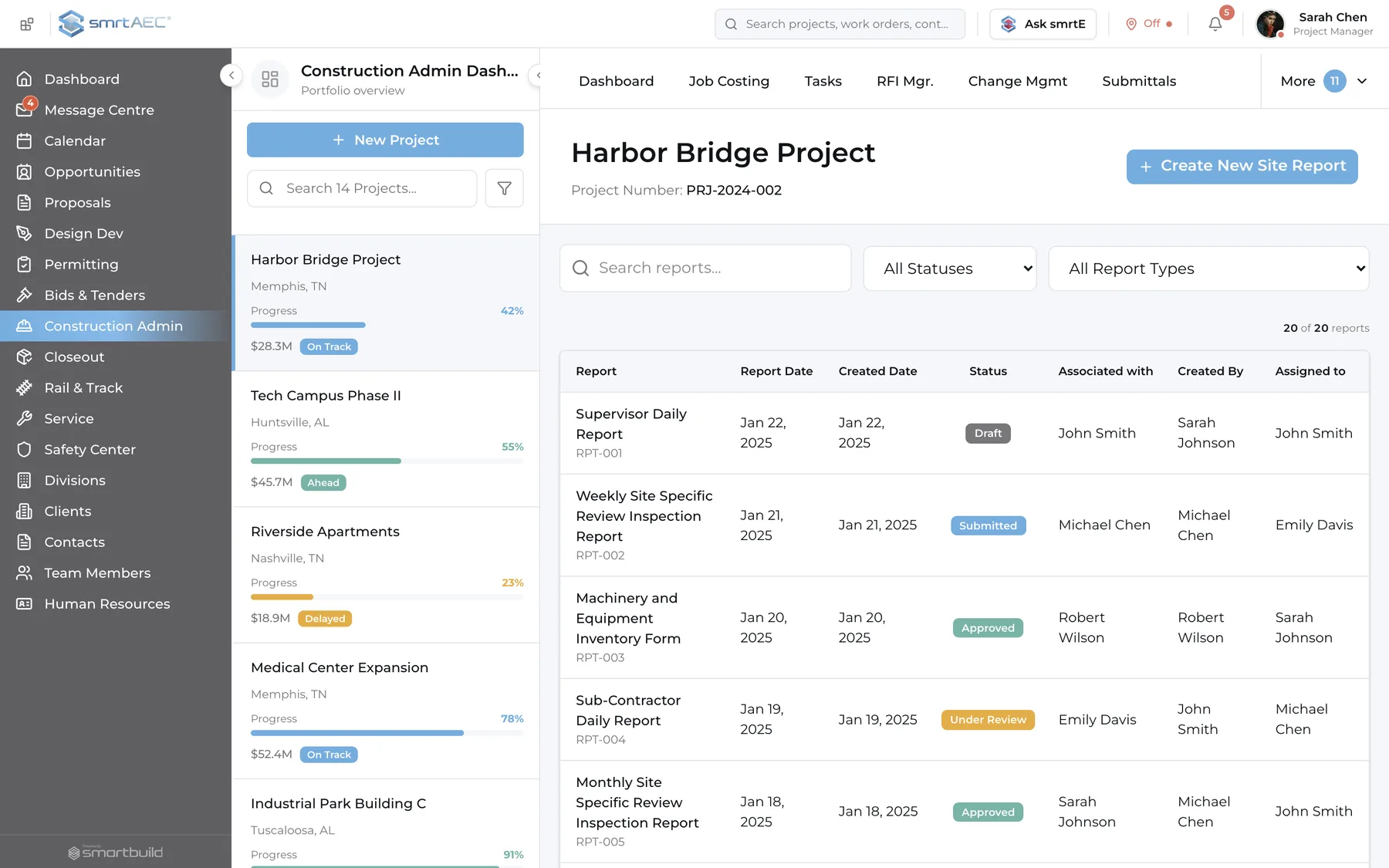 The smrtAEC project workspace for the Harbor Bridge Project, listing its site reports — daily reports, inspection reports and inventory forms — each with report date, status, author and assignee