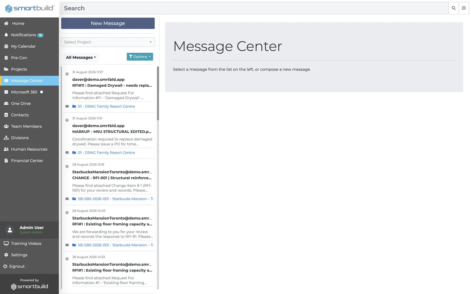 The Message Center in smrtSUB, a project-tagged email inbox that keeps RFI, change and markup correspondence for the whole team on one record